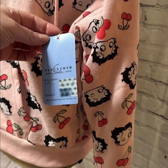 Betty Boop Fleischer Pink Zip Hoodie with Cartoon and Cherry Print front pockets - Picture 2 of 8